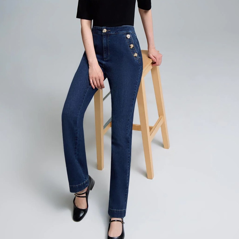 High-Waisted Button-Detail Straight Leg Jeans